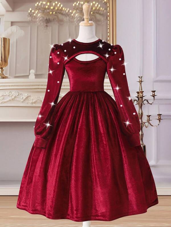 Glamorique Kids Mädchen Vintage elegantes Samt-Perlen-Dekor Ausschnitt rundhals Puffärmel Taille hoch A-Linie Midi-Kleid
