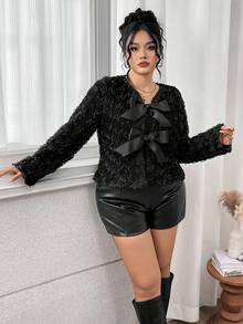 Modelyn معطف أنيق مع فيونكة أمامية من نسيج جاكار للنساء كبيرات الحجم، ملابس خريف وشتاء للنساء - الأسود - مشاهدة 6