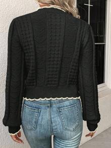 EMERY ROSE Women's Casual Contrast Trim Cropped Cardigan, Autumn - Black - View 2