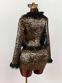 Amplova Conjunto de 2 piezas de top de manga larga y minifalda con estampado de leopardo y parches de piel sintética - Multicolor - Ver 2