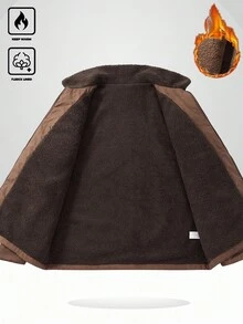 Manfinity Homme 男士加大码秋冬拉链翻领长袖天鹅绒户外防风夹克，棕色、黑色和多色拼接设计，麂皮拼接商务风，撞色口袋设计，天鹅绒内衬，适合日常休闲穿着、周末旅行、户外活动、旅游和轻松的工作环境，是送给男友或丈夫的理想礼物。保暖内衬夹克。 - 咖啡棕 - 查看 5