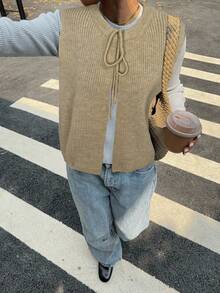 Siren Gaze Herbstoutfit für Frauen Wollweste mit Schnürung, die auf zwei Arten getragen werden kann: Wollweste mit Schlitz und Schleife vorne und hinten, gestrickte Weste