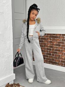 SHEIN Sparklyn 青少年女孩休闲基本款日常通勤校园街头装居家保暖内衬拉链连帽夹克 + 宽松阔腿运动裤秋冬套装秋季