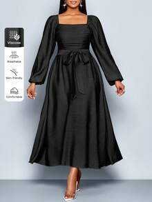 SOLERSUN Women's Plus Size Frenchy Solid Color Square Neck Long Sleeve Front Ruched Ruffle Hem A-Line Casual Elegant Dress , Spring/Summer New Women's Dresses