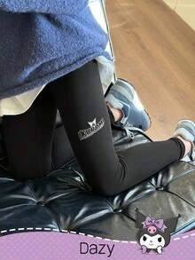 HELLO KITTY AND FRIENDS | SHEIN DAZY Tween Girl Letter Graphic Knitted Thermal Lined Leggings,Winter - Black - View 8