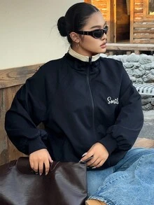 Dazy Plus Fashionable Embroidered Pattern Loose Contrast Color Patchwork Street Style Jacket For Plus Size Women, Spring/Autumn