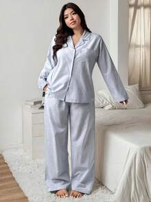 Dazy Plus 2pcs/Set Casual Striped Loose Fit Top And Pants Pajama Set, Suitable For Loungewear Or Outerwear, Plus Size Women, Spring/Autumn Fall Winter Clothes