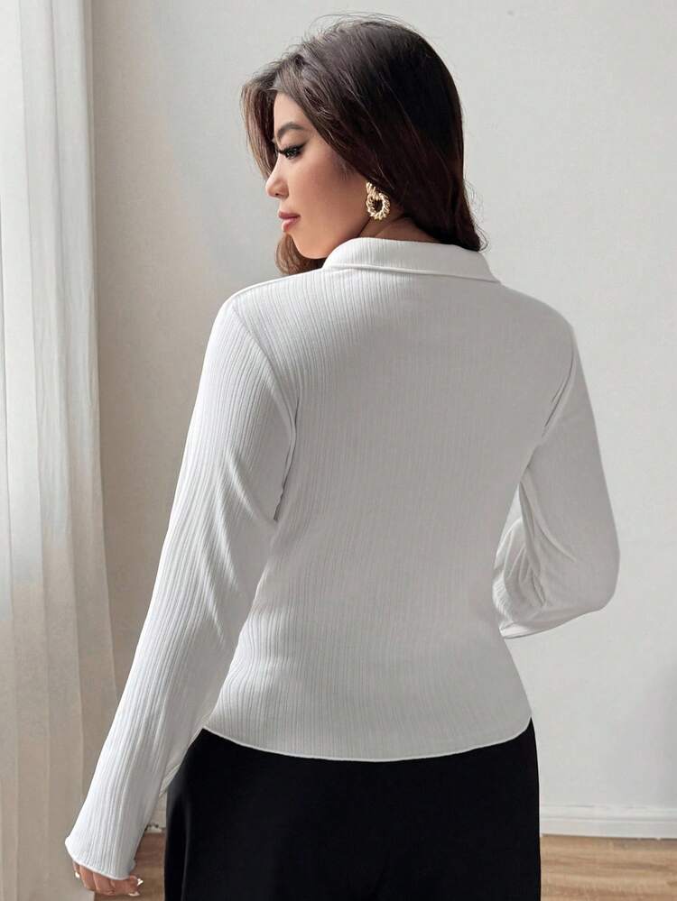 Dazy Plus Fashionable Casual Solid Color Half-Open Collar Fitted Short Long Sleeve White T-Shirt