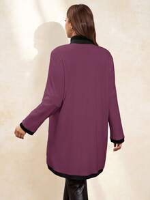 SHEIN Clasi 大码女式优雅舒适金属纽扣开襟长款保暖开衫，黑白相间，适合秋季，女士风衣，商务休闲女装 - 淺灰紫 - 查看 2