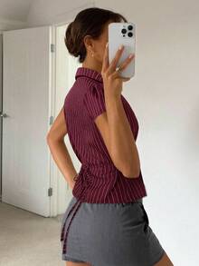 Siren Gaze 女士休闲通勤条纹修身衬衫，夏季 - 酒紅色 - 查看 2