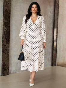 Roveilla 大码波尔卡圆点V领束腰复古连衣裙 - 杏色 - 查看 1