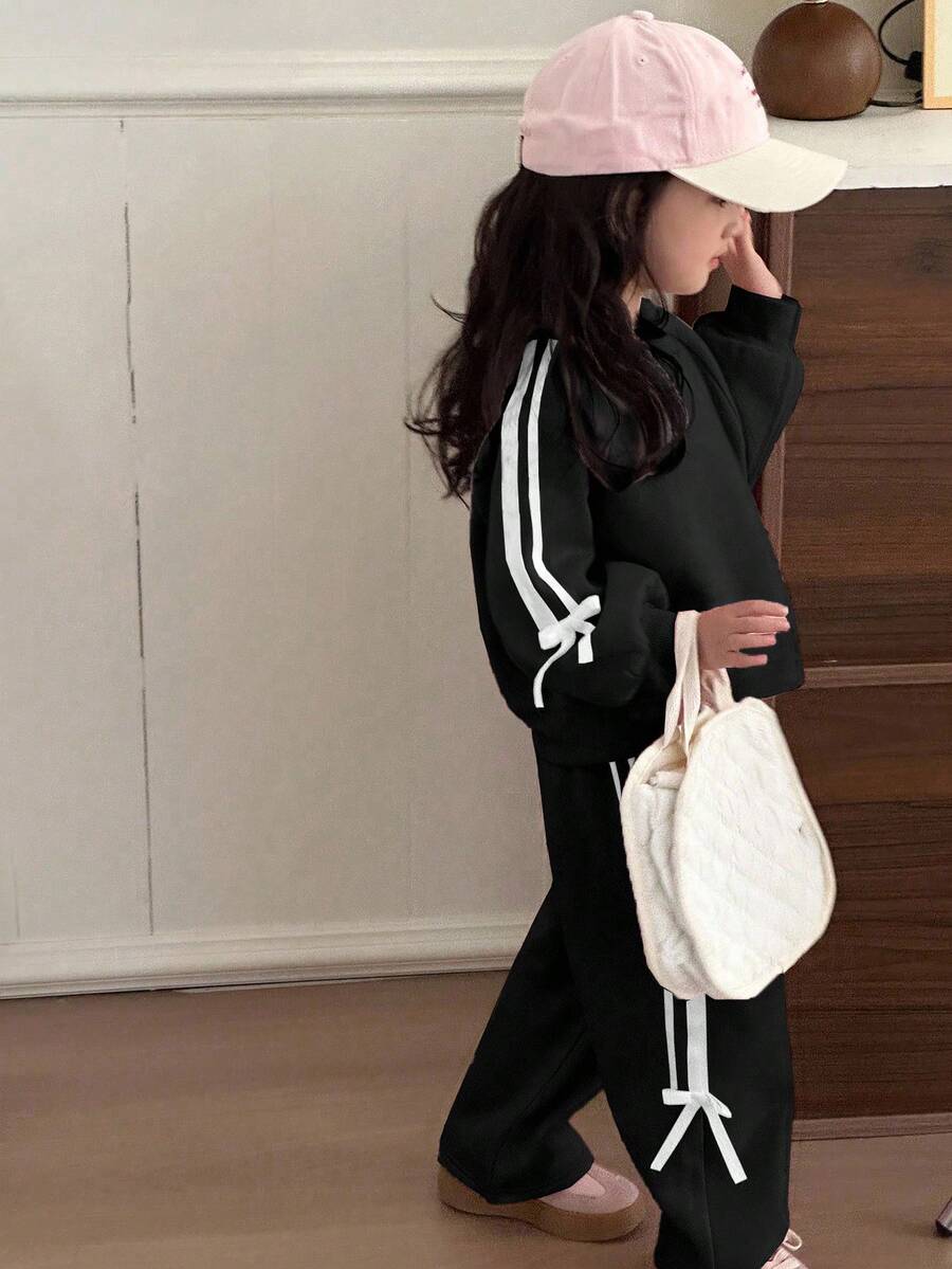 Dazy Kids 2pcs/Set Young Girls Round Neck Knitted Sweatshirt Set, Fall - Black - View 1