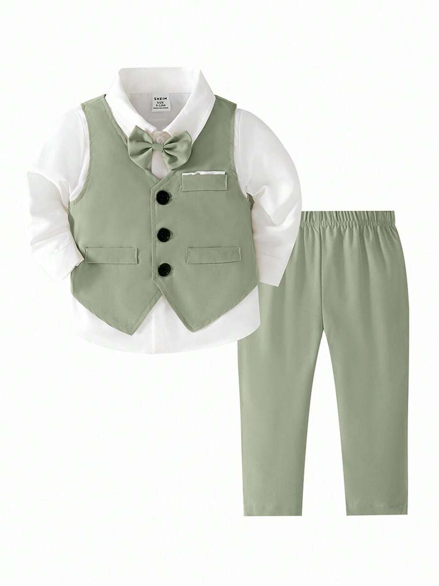 Baby Boy Casual Single-Breasted Vest And Suit Pants, Autumn - Green - View 1