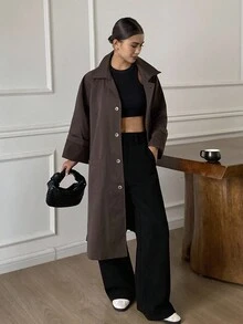 DAZY 女式宽松纯色长款腰带口袋翻领休闲优雅风衣，春秋 - 咖啡棕 - 查看 4