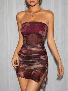 SHEIN PETITE Tie Dye Drawstring Side Ruched Mesh Bodycon Dress For Music Festival Outfits