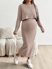 SHEIN 孕妇纯色圆领短袖上衣和裙子两件套 - 粉色 - 查看 4