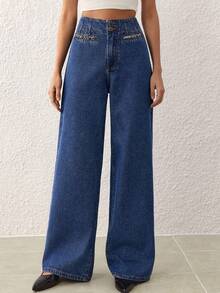 SHEIN Frenchy 女士高腰阔腿宽松休闲百搭牛仔裤 - 藍色 - 查看 7