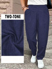EMERY ROSE Pantalones capri casuales de tela tipo lino con textura y multicolor para talla grande - Azul lavado oscuro - Ver 1