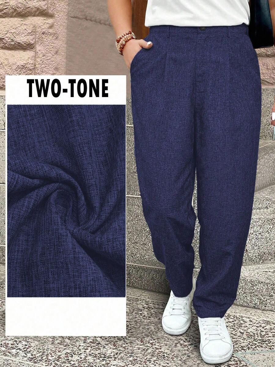 EMERY ROSE Pantalones capri casuales de tela tipo lino con textura y multicolor para talla grande - Azul lavado oscuro - Ver 1