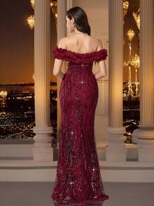 Coutiva 秋冬优雅亮片定位拼接性感单肩荷叶边下摆修身鱼尾裙正式晚礼服，适合派对穿着、婚礼嘉宾、毕业典礼 - 酒紅色 - 查看 3