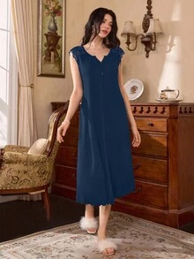 Côtesoire Váy ngủ thường ngày cổ chữ V ren viền giả kiểu Pháp đính nút cho nữ - Màu xanh hải quân - Xem 3