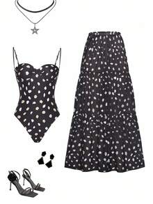 Swim Oasis 1pc Women's Fashion Print Spaghetti Strap Backless Drawstring Beach Vacation Mesh Sarong Swimsuit