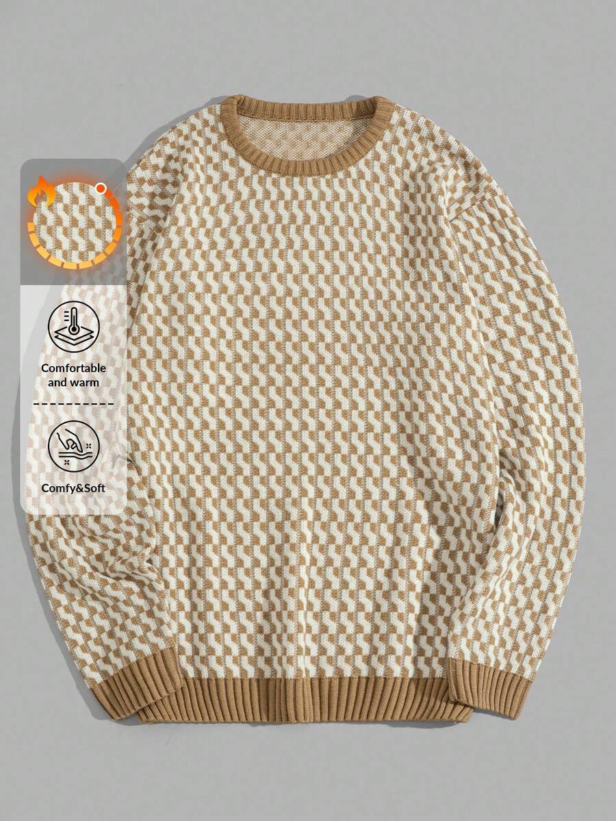 RueChic Men Geometrical Knitted Crew Neck Regular Sweater - Brown - View 1