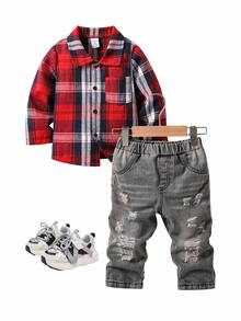SHEIN 2 件套男婴/女婴红色格子领长袖上衣和牛仔裤套装，百搭休闲装，适合秋冬季