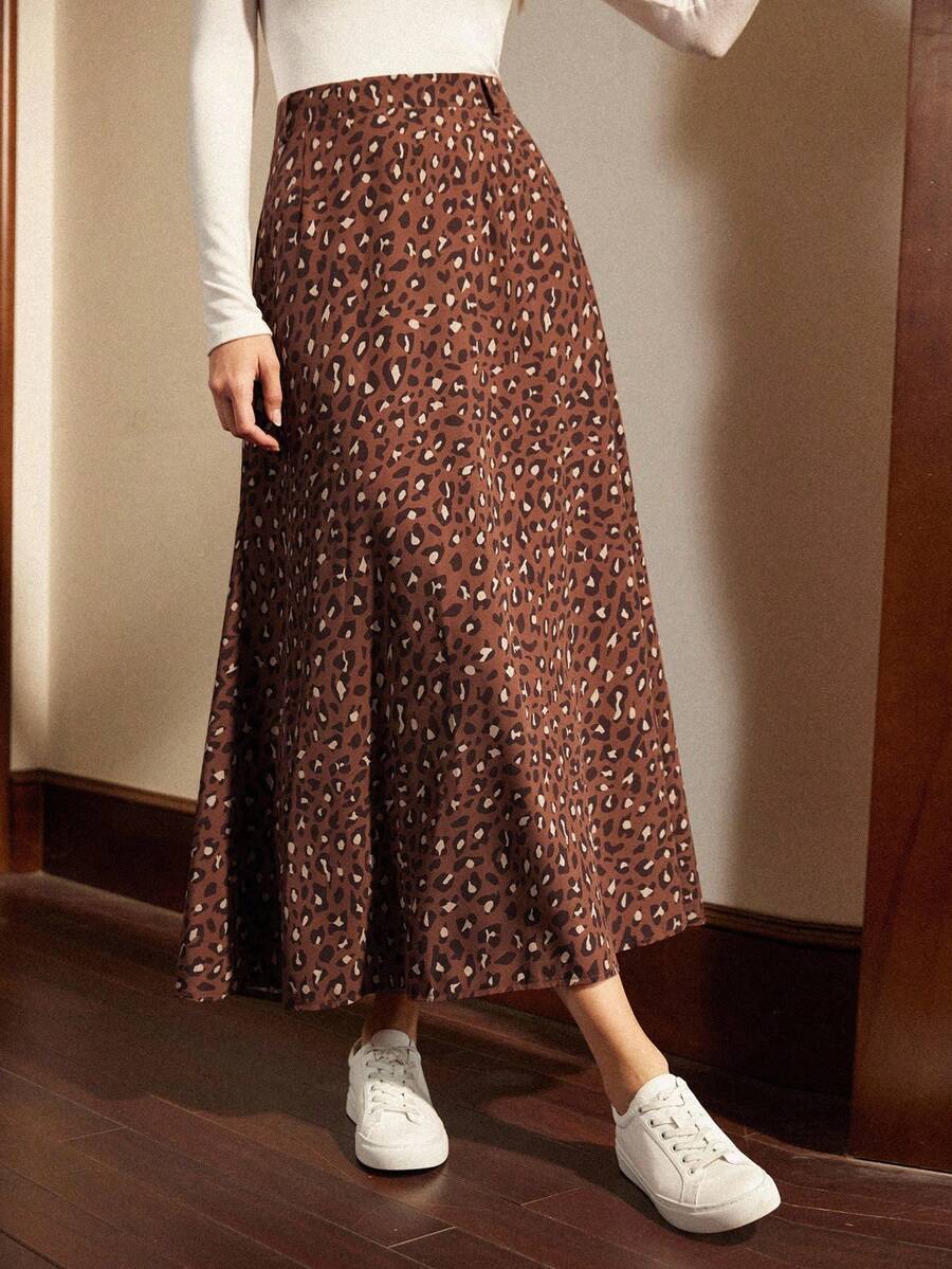 Écloséra French Retro Autumn High Waist Leopard Print Mid-Length Women's Skirt Women's Autumn Clothing Matching Women's Skirt For Going Out Women's Casual Wear Cheetah Print Women's Skirt