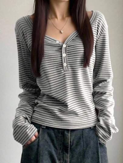 EMERY ROSE 女士纽扣半襟长袖休闲宽松条纹T恤