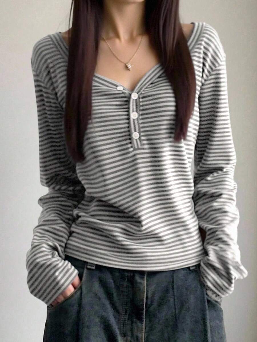 EMERY ROSE Women's Button Half-Placket Long Sleeve Casual Loose Striped T-Shirt - Multicolor - View 1
