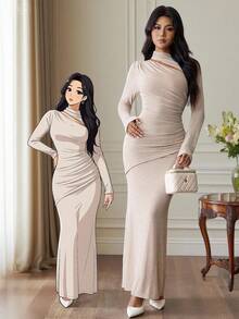 Chiquease Women's Elegant Ruched Waist Side Slit Long Sleeve Bodycon Dress, Autumn/Winter Fall Cloth For Women - Khaki - View 1