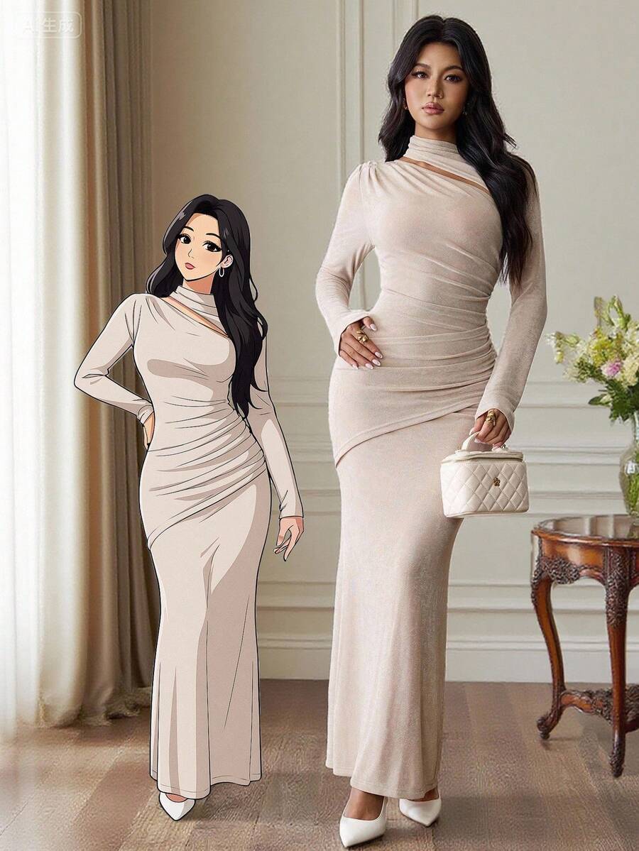 Chiquease Women's Elegant Ruched Waist Side Slit Long Sleeve Bodycon Dress, Autumn/Winter Fall Cloth For Women - Khaki - View 1