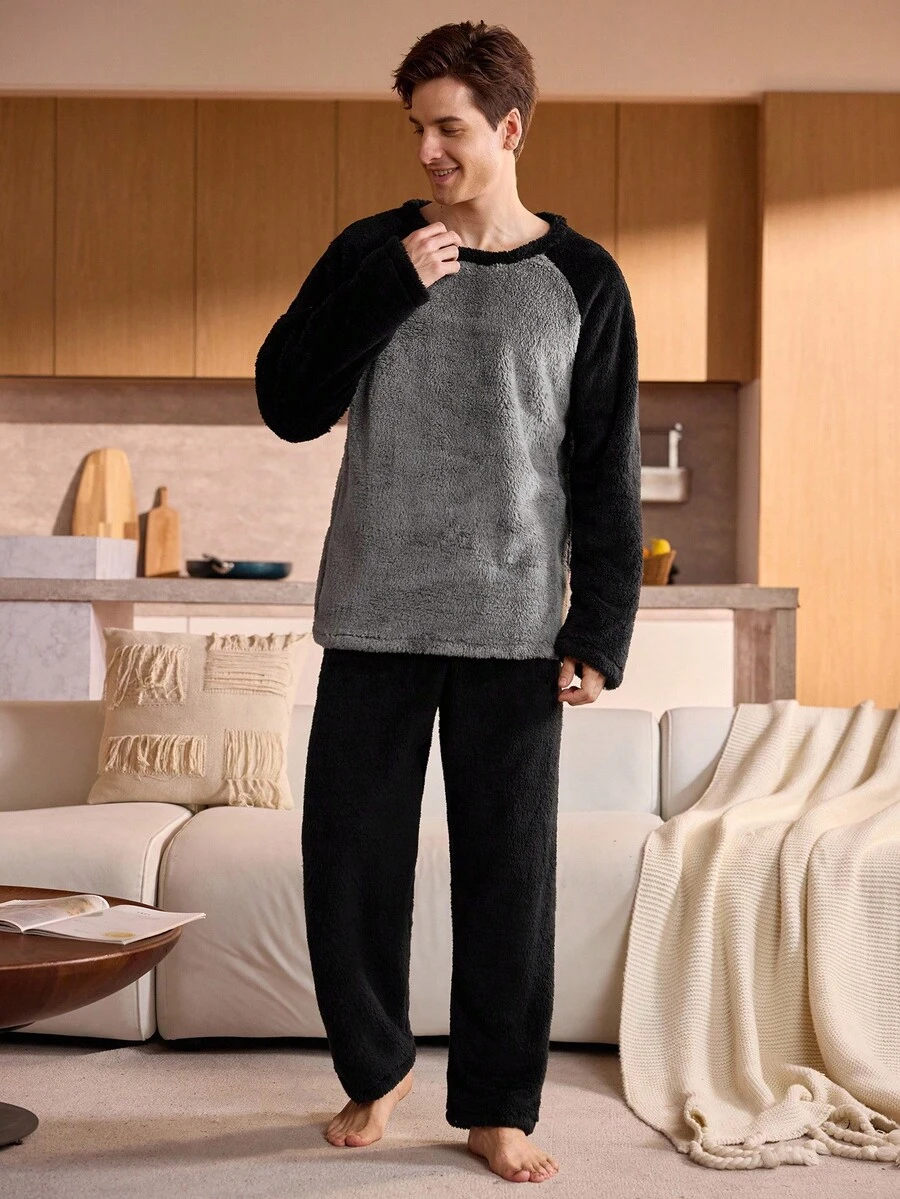 Manfinity Underwear&Sleepwear Basics 男士经典抓绒冬季套装（黑色、灰色 - 柔软舒适），秋冬服装，蓬松保暖