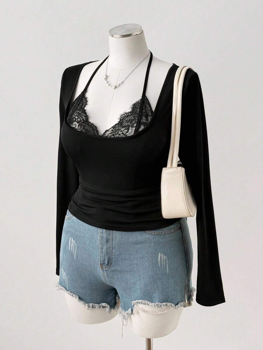 Sunspun 性感蕾丝拼布修身简约长袖T恤 - 黑色 - 查看 1