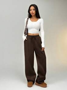 SHEIN EZwear Women's Knitted Coffee Brown Long Straight Leg Sweatpants With Practical Pockets Wide Leg Sweatpants Brown Pants Flare Sweat Pants Brown Bottoms Women Y2k Pants - Coffee Brown - View 6