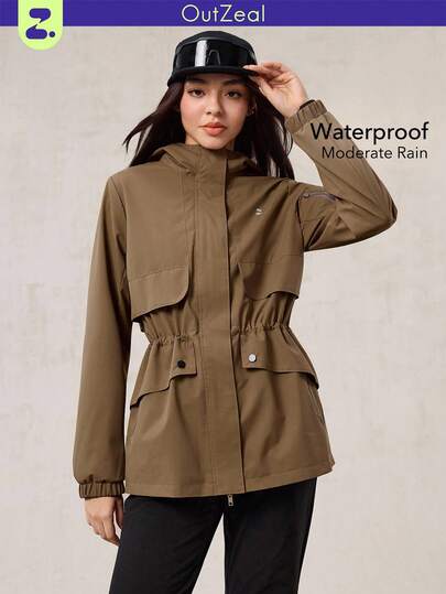 OutZeal Chaqueta exterior resistente al agua y al viento con cordón en la cintura y bolsillos con cremallera para mujer, ideal para senderismo y camping en otoño e invierno