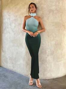 Aloruh Đầm ôm body màu đen dệt kim co giãn trang trí khóa kim loại gợi cảm thanh lịch cho nữ - Màu xanh lá cây đậm - Xem 6