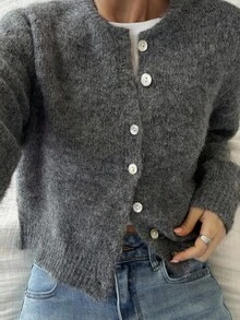 女士纯色圆领长袖单排扣休闲针织开衫秋冬 - 灰色 - 查看 1