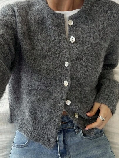 Livesso Cardigan casual a maglia a tinta unita con collo rotondo, manica lunga e chiusura monopetto, adatto per l'autunno e l'inverno