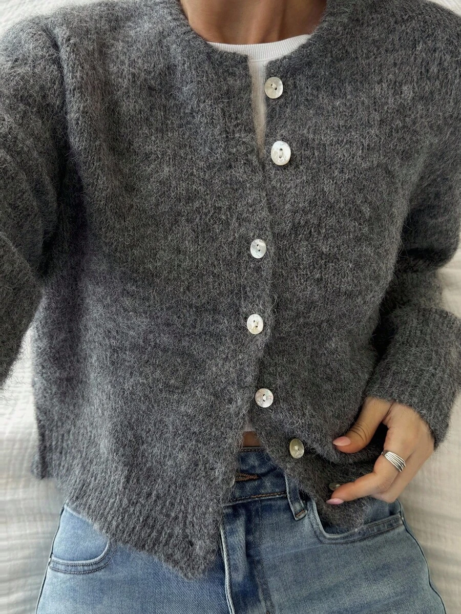 女士纯色圆领长袖单排扣休闲针织开衫秋冬 - 灰色 - 查看 1