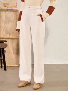 Chiquease Pantalones rectos de cintura alta con elegante patrón de espiga, de color albaricoque, adecuados para el uso diario, para otoño/invierno - Albaricoque - Ver 6