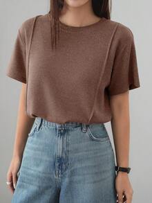 Dazy-Less Women's Loose Fit Round Neck Patchwork Short Sleeve Business Casual T-Shirt, Summer