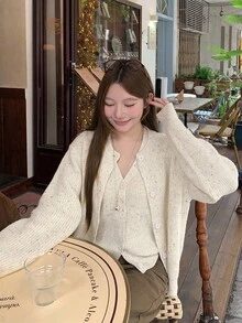 DAZY 2 件套女士休闲碎花雪纺背心开衫套装，秋季 - 米色 - 查看 4