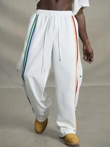 PAVTROS 男士简约纯色拼接前系带休闲直筒裤，彩虹条纹，侧开口设计白色裤子，嘻哈长款宽松裤，适合丈夫，男朋友礼物，男士复古裤，运动裤，街头潮流裤，Y2K裤，返校季 - 白色 - 查看 4