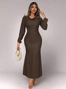 Xyvia Women's Metal Buckle Draped Neck Long Dress - Mocha Brown - View 7