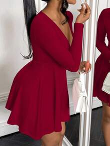BamGleam V领性感前卫简约女士连衣裙迷你短裙秋季连衣裙新年衣服 - 酒紅色 - 查看 3