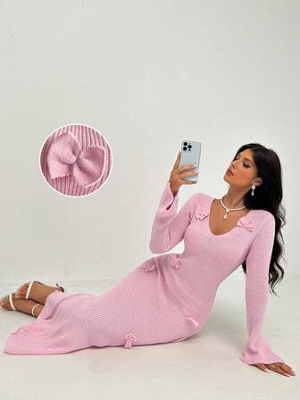 Almamuse Women's French Elegant Solid Color Straight Shoulder V-Neck Slim Fit Three-Dimensional Bow Flared Sleeve Long Sweater Dressautumn Fall Clothes For Women Fall Autumn Clothes Fall Outfits For Women Autumn Outfits For Women Fall Clothes Autumn Women  Fall Women Clothes  Going Out Outfit Going Out  Winter Winter Clothes For Women Elegant Fashionable Casual Commuting Business Office Daily Leisure All-Match Temperament Urban Teacher Professional Attire