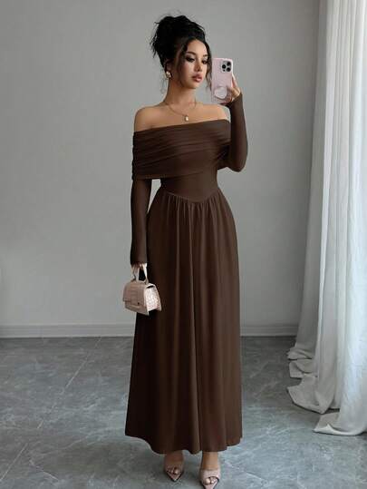 Vesra Vestido feminino de cor sólida, plissado, ombro de fora, manga comprida