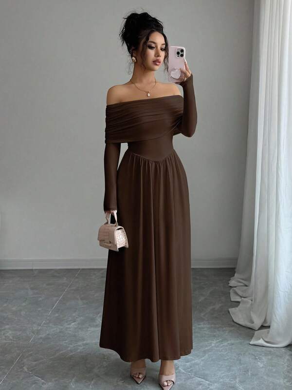 Vesra Vestido de manga larga con hombros descubiertos y pliegues de unicolor para mujer